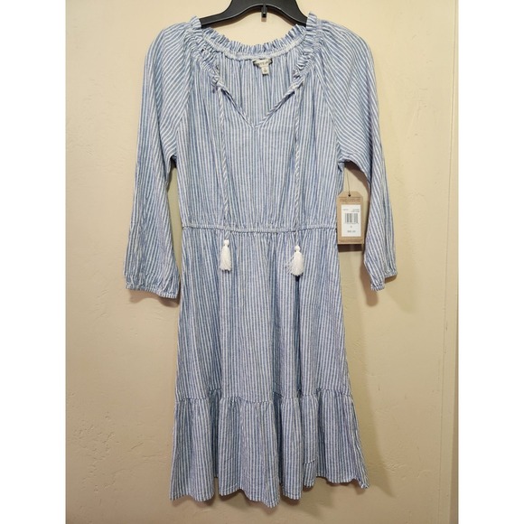 FRYE AND CO. Dresses & Skirts - Frye and Co 3/4 Sleeve Blue White Striped Boho Tassel Dress Size Small NWT